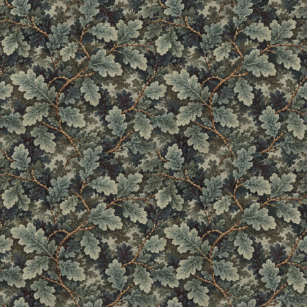 A tapestry wallpaper featuring a green oak leaf pattern. 