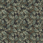 A tapestry wallpaper featuring a green oak leaf pattern. 