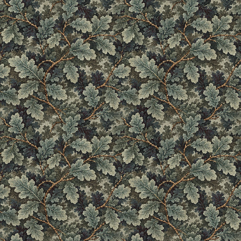 A tapestry wallpaper featuring a green oak leaf pattern. 