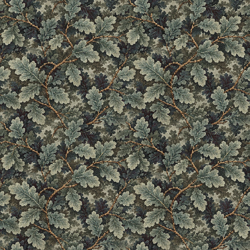 A tapestry wallpaper featuring a green oak leaf pattern. 
