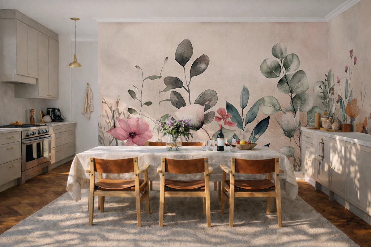 Watercolor floral wallpaper with pink blooms and sage leaves in a Scandinavian kitchen with cream cabinets.
