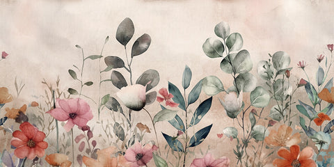 Floral wallpaper mural with oversized pink and coral watercolor flowers, green leaves and a cream background.