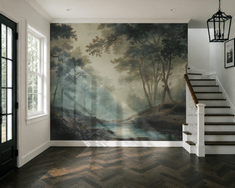 Foyer with a large wallpaper mural of a forest scene, staircase, and window.