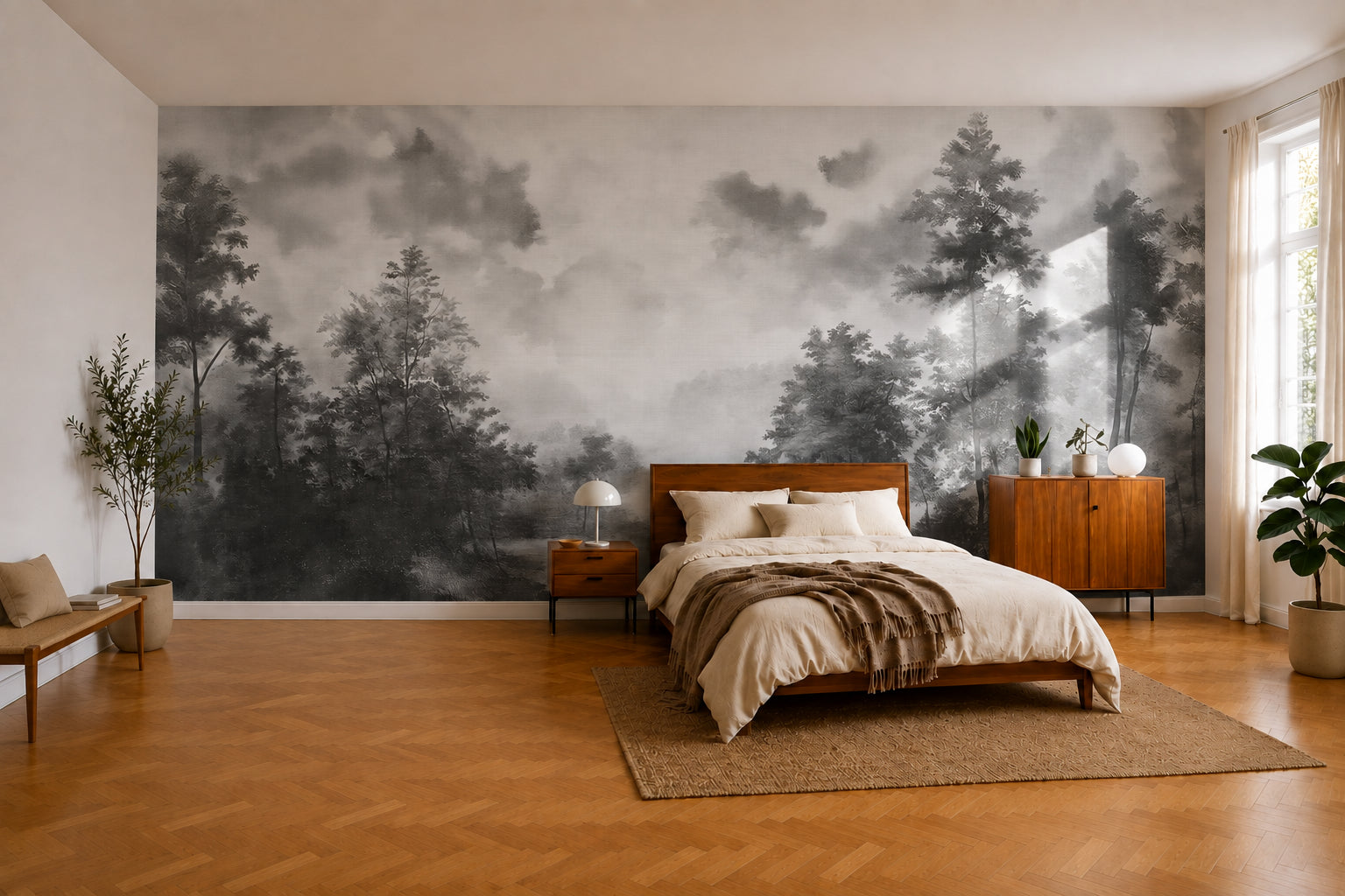 A large-scale black and white forest wallpaper mural displayed on the main wall of a modern bedroom with a wooden bed, matching nightstands, and warm wood flooring.