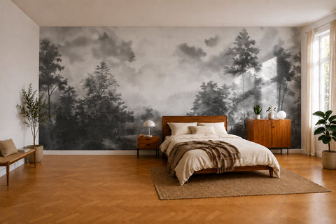 A large-scale black and white forest wallpaper mural displayed on the main wall of a modern bedroom with a wooden bed, matching nightstands, and warm wood flooring.