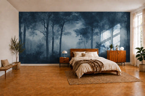 A large wall mural featuring a misty dark blue forest wallpaper scene, displayed on the back wall of a modern bedroom with a wooden bed, bedside tables, and warm wood flooring.