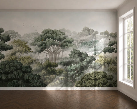 Room with a forest wallpaper mural on the wall and a window.
