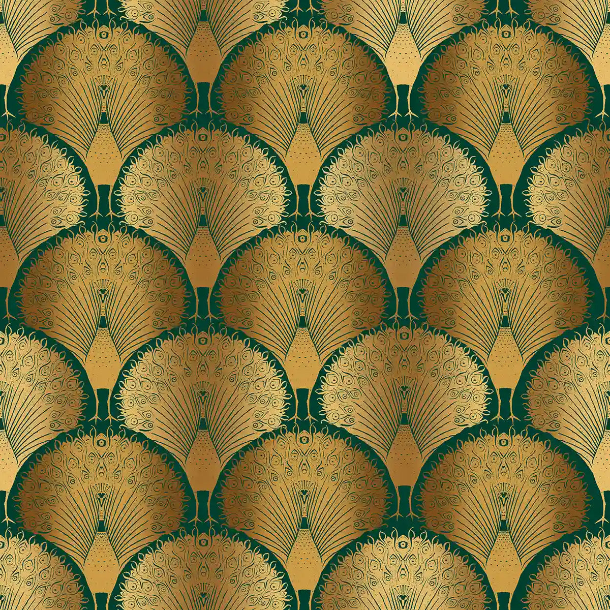 Decorative art deco wallpaper pattern with gold and green peacock feather design on a matching background