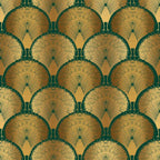 Decorative art deco wallpaper pattern with gold and green peacock feather design on a matching background