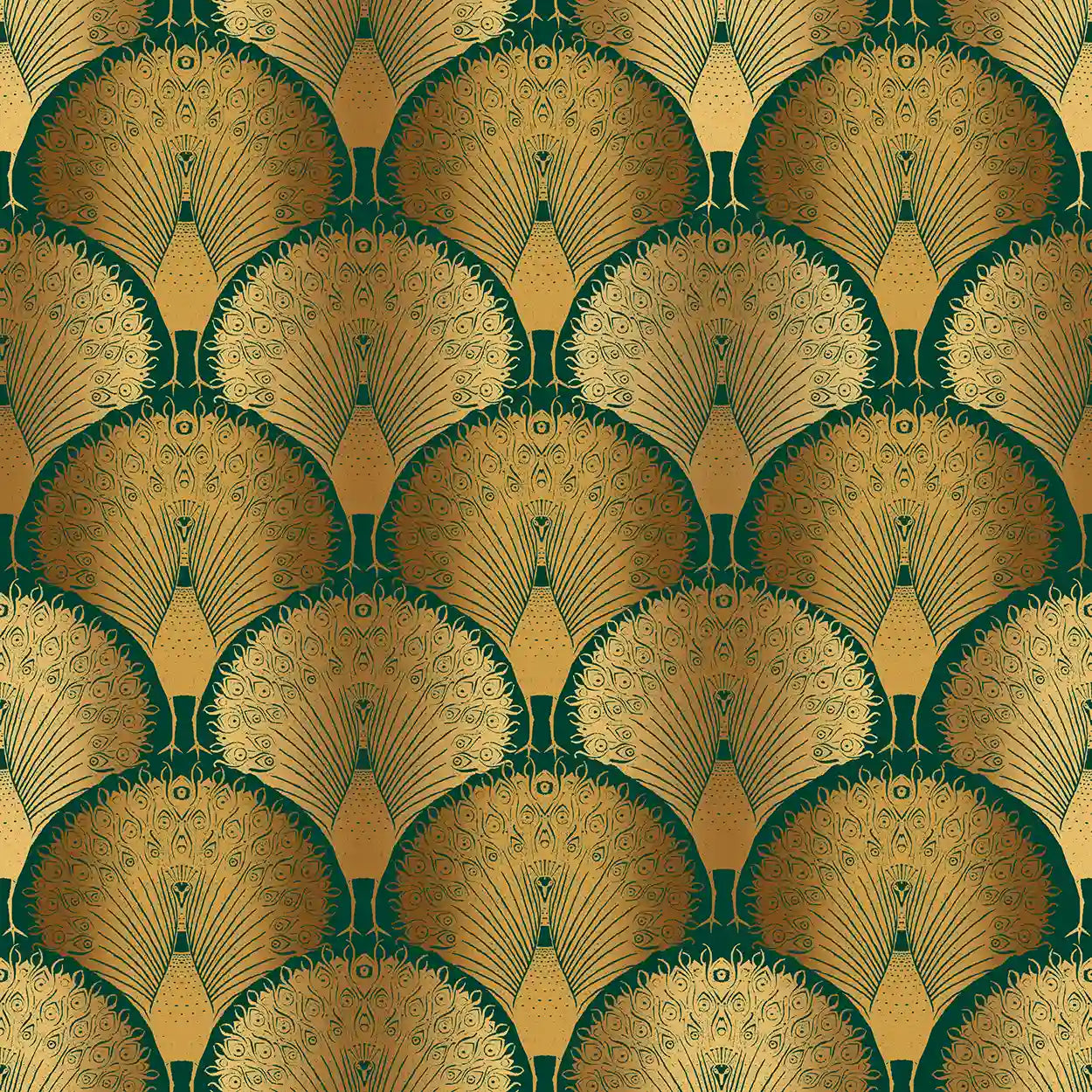 Decorative art deco wallpaper pattern with gold and green peacock feather design on a matching background