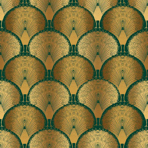 Decorative art deco wallpaper pattern with gold and green peacock feather design on a matching background
