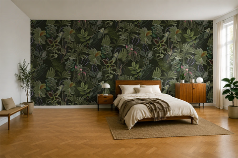 Modern bedroom with a tropical wallpaper, bed, and wooden floor.
