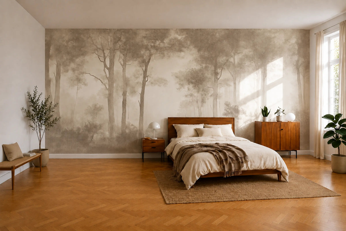 A styled bedroom featuring a large wallpaper mural of a misty forest with tall trees in muted gray and beige tones. The room has light wood flooring, a wooden bed with beige bedding and a brown throw, a matching wooden nightstand and cabinet, and potted plants.