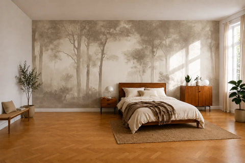 A styled bedroom featuring a large wallpaper mural of a misty forest with tall trees in muted gray and beige tones. The room has light wood flooring, a wooden bed with beige bedding and a brown throw, a matching wooden nightstand and cabinet, and potted plants.