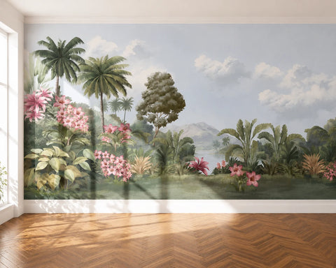 Tropical wallpaper mural with palm trees and flowers on a wall with wooden floor.