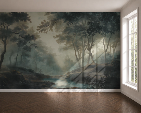 Moody forest wallpaper mural on a wall with a window on the right side.