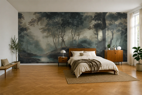 Modern bedroom with a large forest wallpaper mural of trees and water.