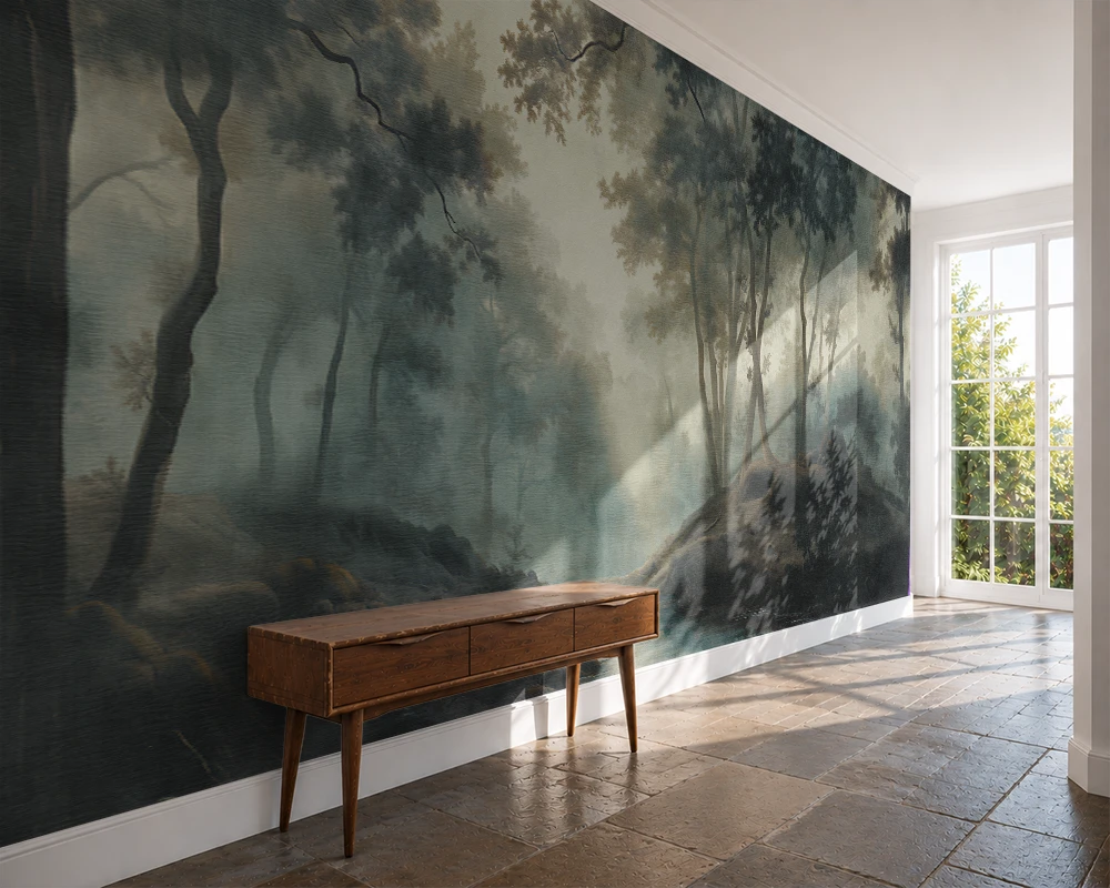 Room with a large forest mural on the wall and a wooden console table.