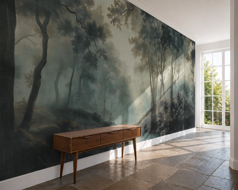 Room with a large forest mural on the wall and a wooden console table.