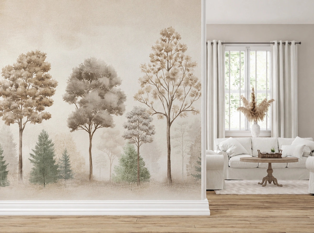 Living room with a wallpaper mural of trees and a white sofa.
